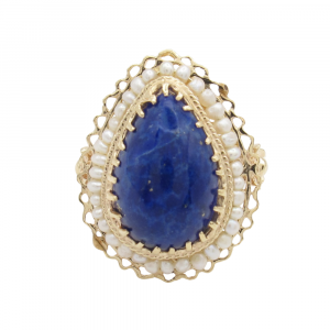 Vintage Lapis Lazuli and Seed Pearl Halo Ring 14K