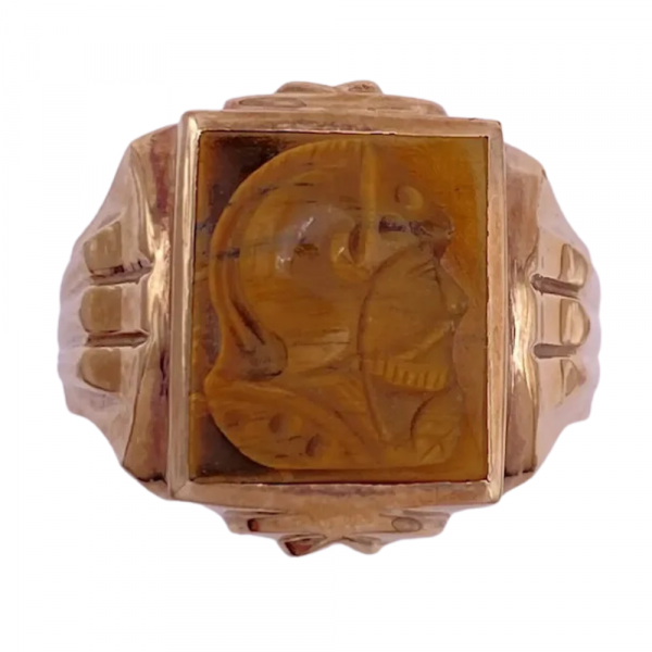 Vintage Men's Tiger's Eye Cameo Ring, Roman Soldier 10K Yellow Gold (2)