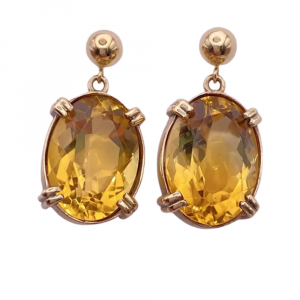 Vintage Oval Citrine Dangle Earrings 14K Gold 18.98ctw