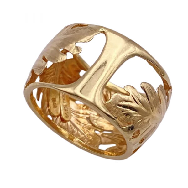 Vintage Pierced Leaf Design Ring 14K Yellow Gold (1)