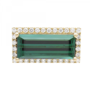 East to West Green Tourmaline Diamond Halo Ring Yellow Gold Front