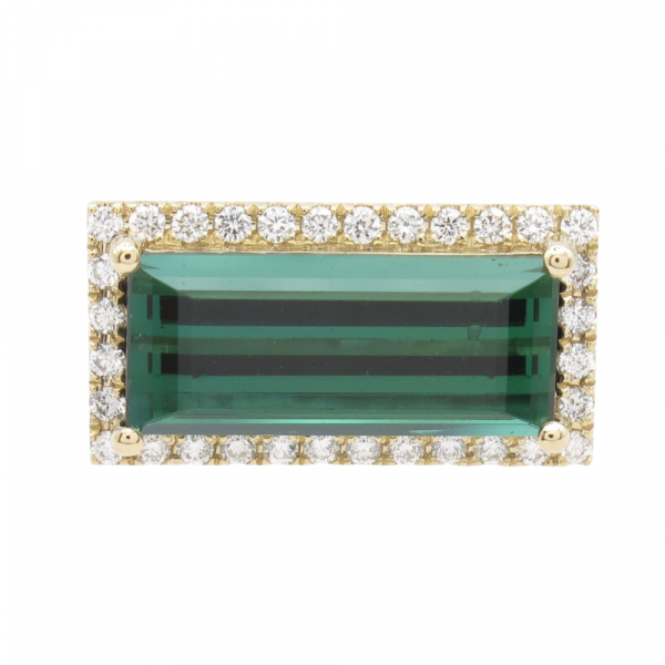 East to West Green Tourmaline Diamond Halo Ring Yellow Gold Front