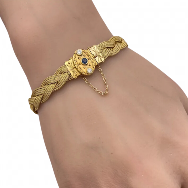 Etruscan Revival .29ctw Diamond & Sapphire Braided Mesh Bracelet 14K Yellow Gold (2)