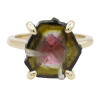 Raw Watermelon Tourmaline Slice Solitaire Ring Yellow Gold