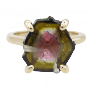 Raw Watermelon Tourmaline Slice Solitaire Ring Yellow Gold