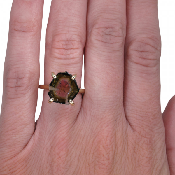 Raw Watermelon Tourmaline Slice Solitaire Ring Yellow Gold Worn