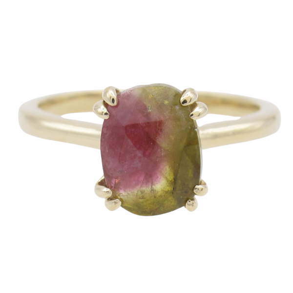 Rosecut Watermelon Tourmaline Solitaire Ring Yellow Gold