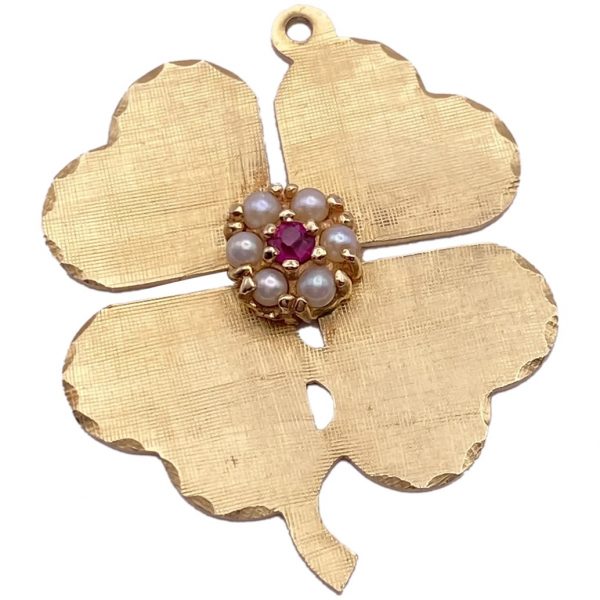 Vintage Gold Clover Charm Ruby Pearl