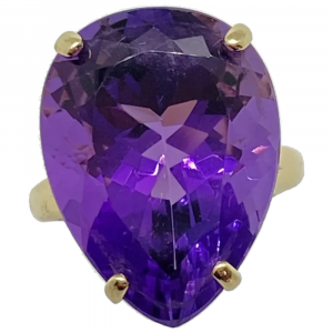 14.93ct BIG Pear Faceted Amethyst Solitaire Ring 14K Gold