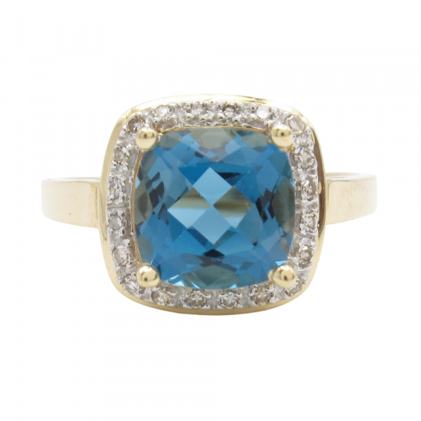 Checkerboard Blue Topaz Diamond Halo Ring Gold