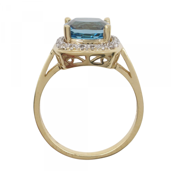 Checkerboard Blue Topaz Diamond Halo Ring Gold profile