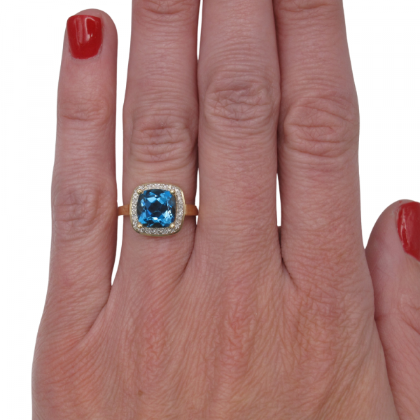 Checkerboard Blue Topaz Diamond Halo Ring Gold worn