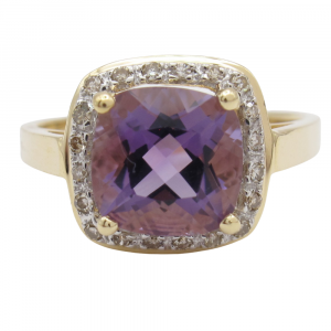 Checkerboard Amethyst Diamond Halo Ring Gold