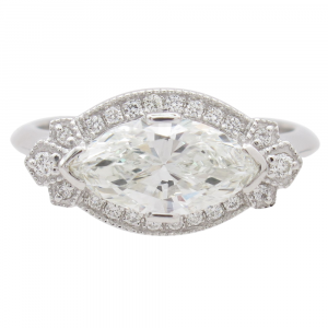 1.28ctw Art Deco Inspired Marquise Halo Diamond Engagement Ring 14k White Gold Front