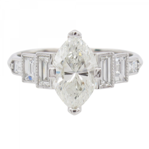 1.90ctw Art Deco Inspired Marquise & Baguette Diamond Engagement Ring GIA Certified 14k White Gold Front