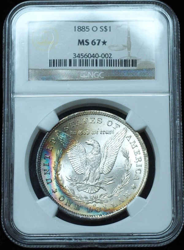 1885-O Morgan Dollar MS67 Star NGC Rainbow Crescent Toned Reverse