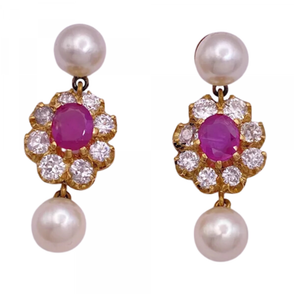 6.68ctw Diamond Halo Ruby & Pearl Dangle Earrings 14K (2)