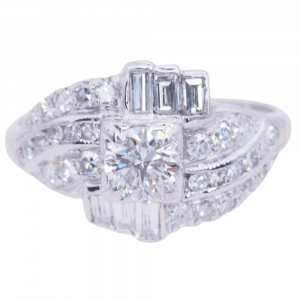 Art Deco Round Baguette Diamond Engagement Ring 1 Carat