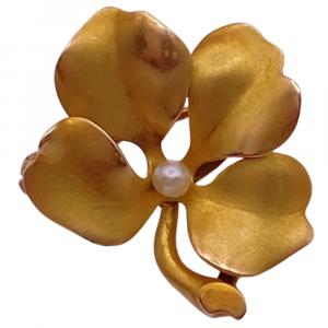 Art Nouveau Four-Leaf Clover Seed Pearl Brooch 14K (2)