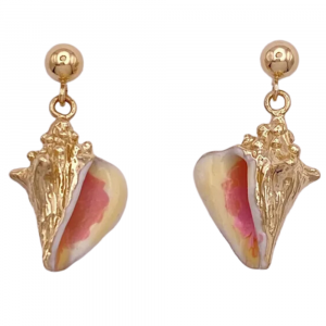 Enameled Conch Shell Dangle Earrings 14K