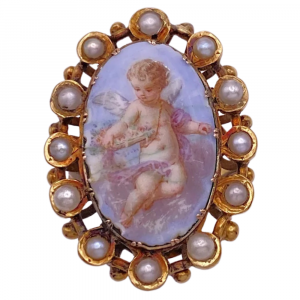 Georgian Miniature Painting Cherub Putti Pearl Halo Ring 18K