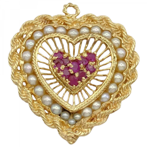 Jeweled Ruby & Pearl Heart Charm or Pendant 14K