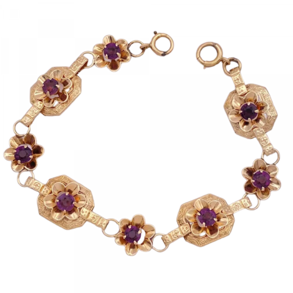 Retro Era 2.56ctw Amethyst Flower Link Bracelet 14K