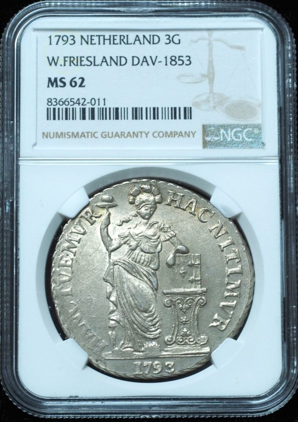 1793 Netherlands 3 Gulden West Friesland MS62 NGC