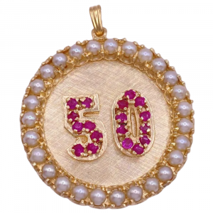 '50' Ruby & Pearl Medallion Pendant 14K (2)