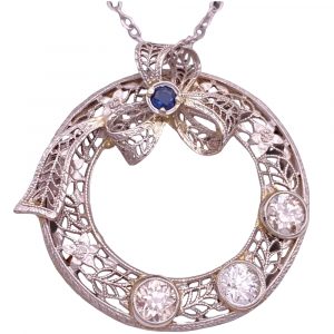 Art Deco 1.09ctw Diamond & Sapphire Filigree Pendant 14K