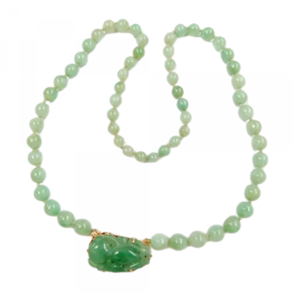 Green Jade Beaded Necklace with Carving 14k (2)