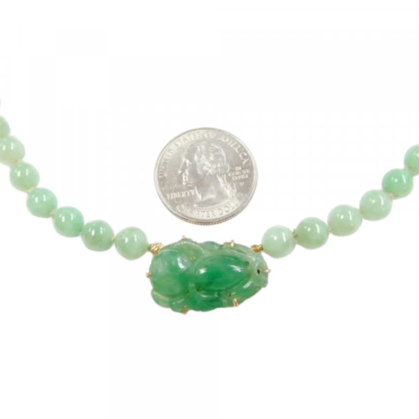 Green Jade Beaded Necklace with Carving 14k