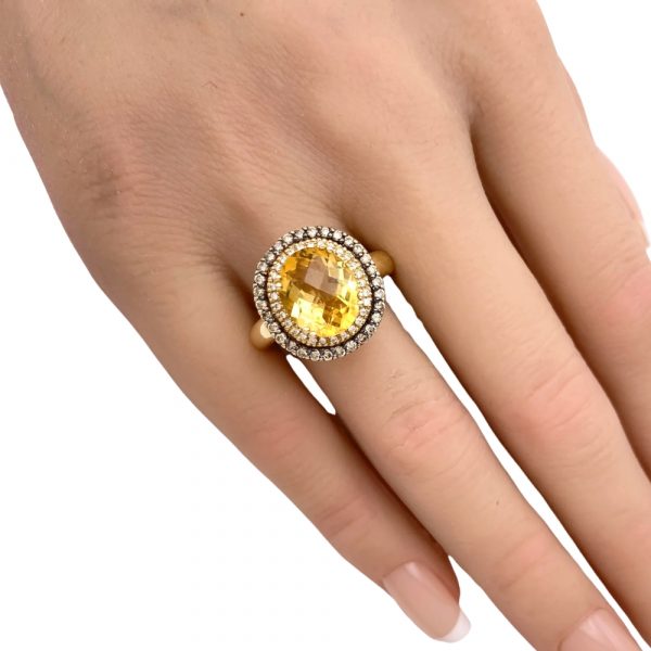 Le Vian Double Diamond Halo Citrine Ring 14K Gold 4.35 Carat TGW worn