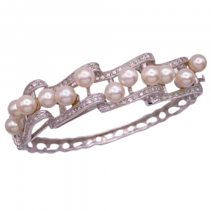 Mid-Century Pearl & Diamond Platinum Bangle Bracelet (2)