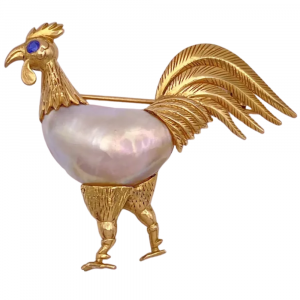 Natural Pearl Rooster Brooch 14K (2)