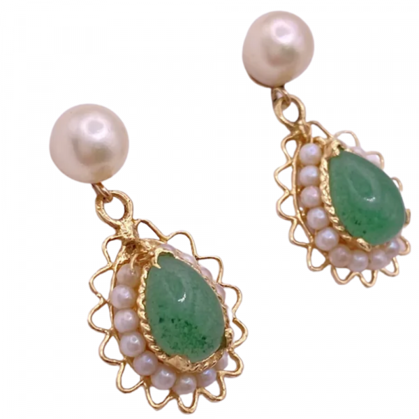 Pearl & Green Jade Dangle Earrings 14K (1)