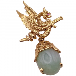 Winged Dragon Jade Pendant Brooch 14K (2)